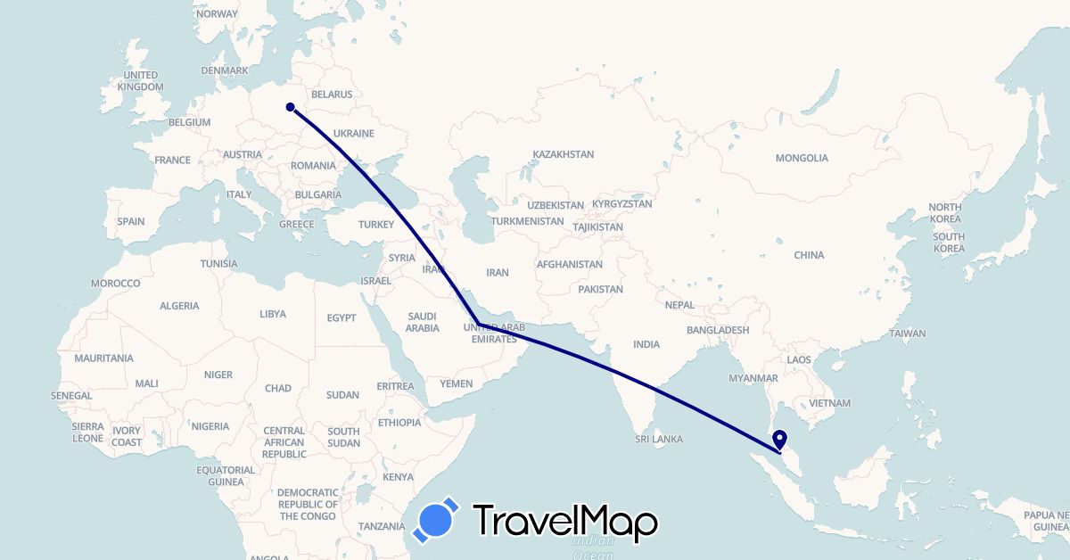 TravelMap itinerary: driving in Malaysia, Poland, Qatar (Asia, Europe)